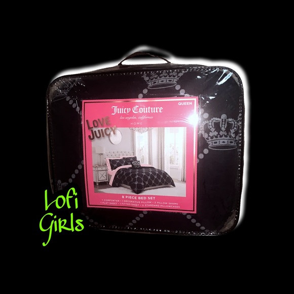Juicy Couture Gothic Crown Argyle Black Silver Crown Pink Jacquard 8 pc Bed Set - Picture 2 of 11